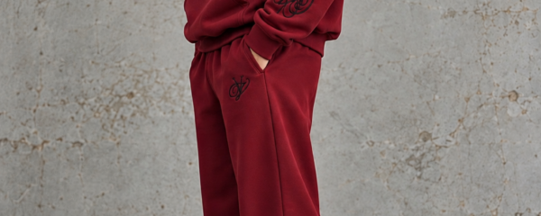 Bordeauxroter Hoodie mit Stickerei und passender Jogginghose – Streetwear-Produktion in der Türkei