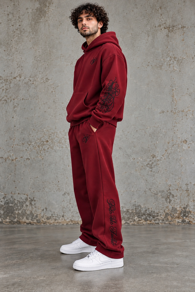 Bordeauxroter Hoodie mit Stickerei und passender Jogginghose – Streetwear-Produktion in der Türkei