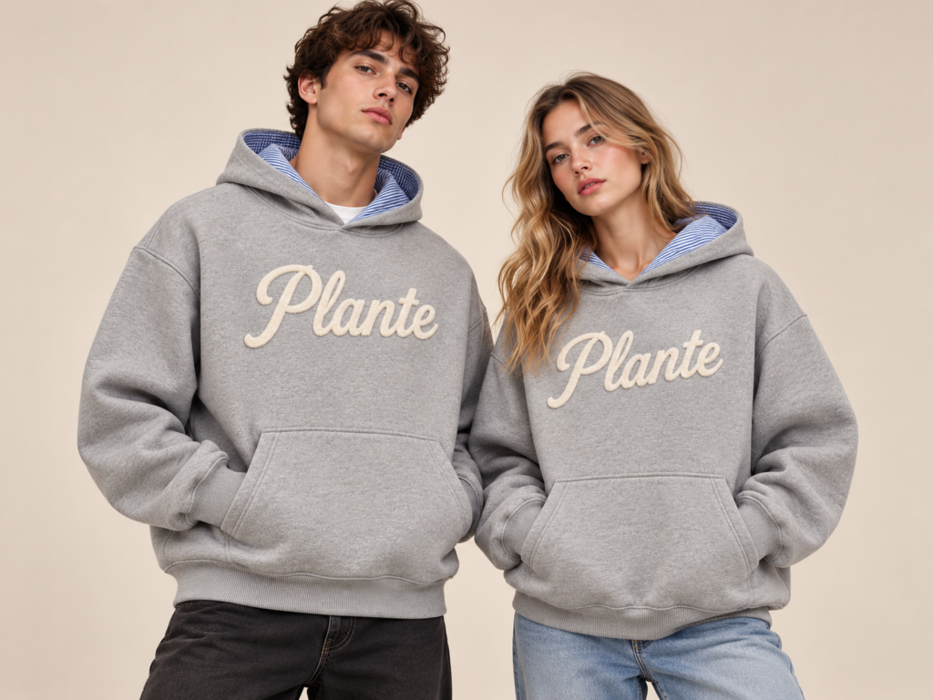 Oversize Unisex Hoodie in Grau mit Plante Schriftzug und Kapuzenfutter – Bekleidungsproduktion Türkei