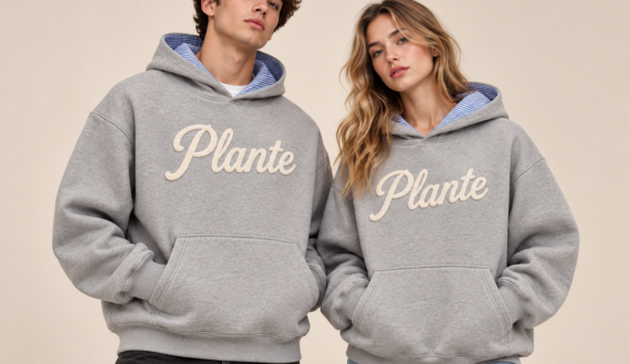 Oversize Unisex Hoodie in Grau mit Plante Schriftzug und Kapuzenfutter – Bekleidungsproduktion Türkei